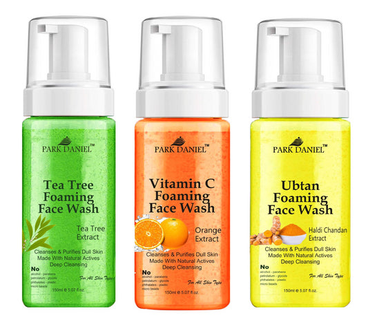 Deep cleansing trio of Park Daniel Tea Tree, Vitamin C and Ubtan foaming face washes for normal to dry skin, presented in a Shopify store product image.