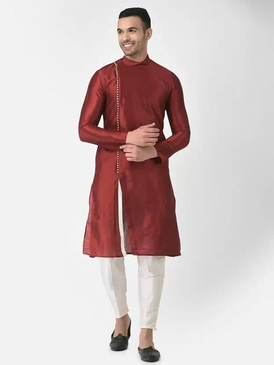 Red and white men's traditional slit-style dupion silk kurta pyjama set from Eliteshoppings, featuring a long sleeve kurta and matching pants.
