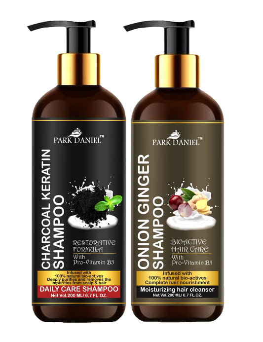 Premium pure and natural charcoal keratin and onion ginger shampoos in a combo pack of 2 bottles, 200 ml each, from the Park Daniel brand.