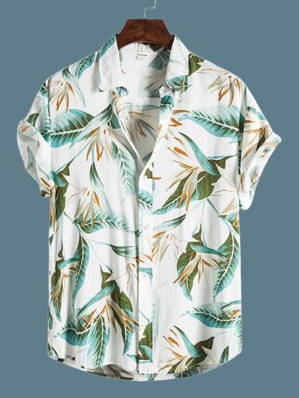 Vibrant tropical print men's shirt featuring lush green palm leaves and colorful foliage against a crisp white background, displayed on a wooden hanger.