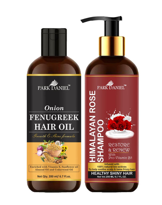 Park Daniel Pure and Natural Onion Fenugreek Oil & Rose Shampoo Hair Care Combo Pack of 2 bottles (200 ml each) on a white background.