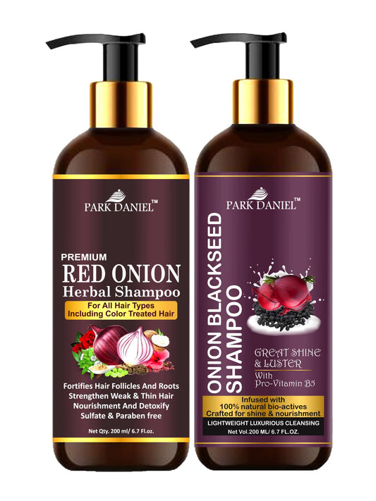 Two bottles of Park Daniel Red Onion Shampoo and Onion Blackseed Shampoo placed on a white background. The shampoo bottles feature a premium herbal shampoo for hair growth and a nourishing blackseed shampoo for a great shine and luster. The product is offered as a combo pack of 2 bottles with a total volume of 400 ml.