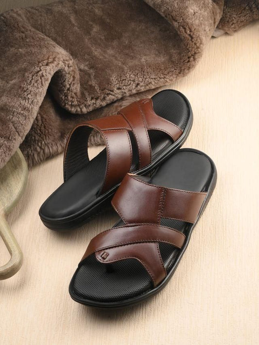 Cozy Brown Leather Slippers on Wooden Floor