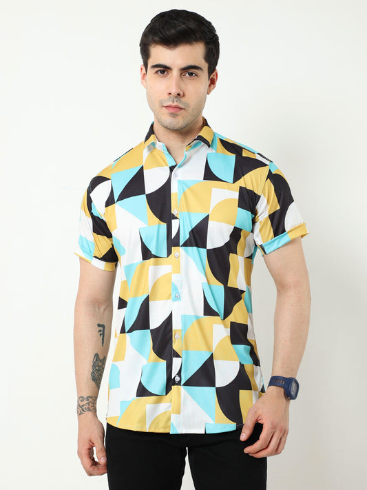 Vibrant floral print casual shirt with a spread collar, showcasing geometric patterns in shades of yellow, blue, and black.