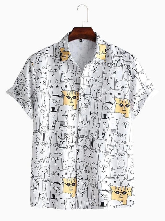 Rayon Printed Half Sleeves Regular Fit Casual Mens Shirt with Whimsical Cat Illustrations