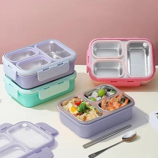 Three-compartment, leak-proof lunch box with a vibrant pink and mint green color scheme, showcasing a nutritious meal of cooked vegetables, rice, and shrimp on a white surface.