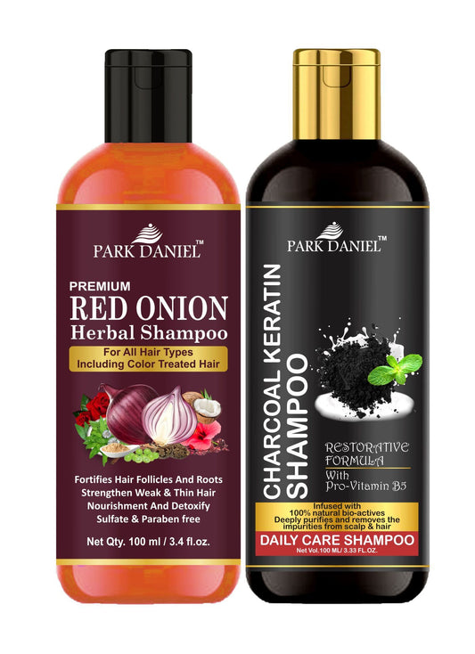 Two bottles of Park Daniel Red Onion Shampoo and Charcoal Keratin Shampoo, presented against a plain white background. The bottles feature the brand name "Park Daniel" prominently displayed, along with the product names and their key ingredients - red onion and charcoal keratin. The shampoos are designed for all hair types, including color-treated hair, and promise to nourish and strengthen the hair.