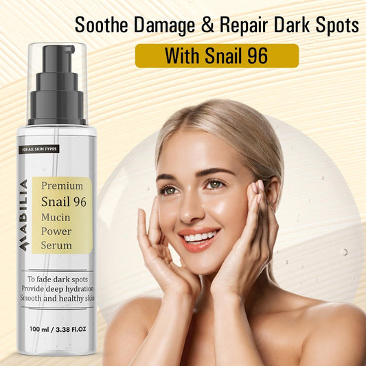 Premium Snail 96 Mucin Power Serum from Eliteshoppings to soothe damage and repair dark spots on a smiling woman's healthy, radiant skin.