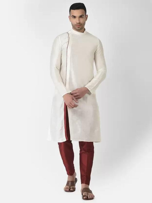 AHBABI Men's Solid Slit Style Dupion Silk Kurta Pyjama Set in Off White and Red