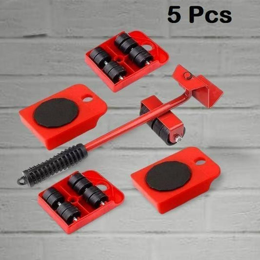 Red heavy duty furniture mover set with roller pads and lever, designed to easily lift and shift furniture on hard surfaces