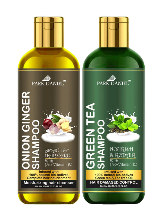 Two premium bottles of Park Daniel Onion Ginger Shampoo and Green Tea Shampoo in the image, designed for nourishing and controlling hair damage.