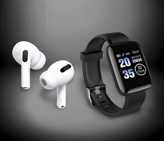 Pair of white wireless earbuds and black smartwatch displayed on dark background