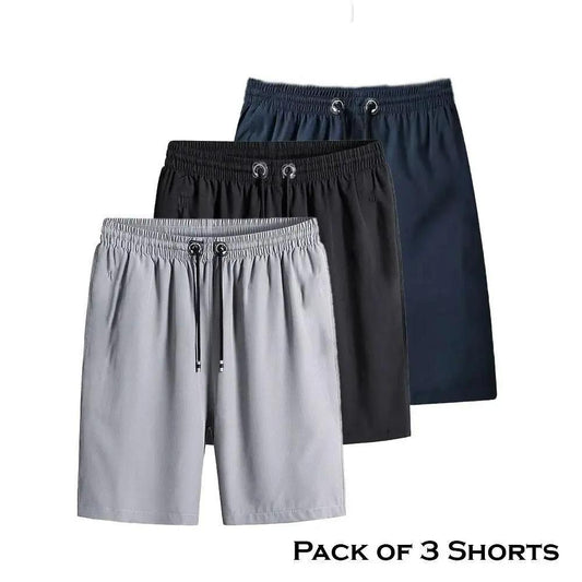 Combo of 3 Men's Cotton Polyester Casual Shorts in various colors - black, grey, and navy displayed on a white background.