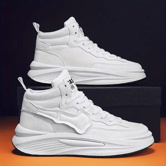 Sleek white high-top sneakers showcased against a dark background, featuring a bold design and thick sole for a stylish, sporty look.